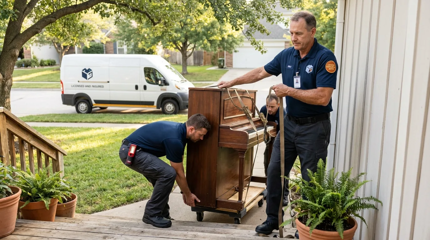 Licensed piano movers securing grand piano in Taylorville, IL