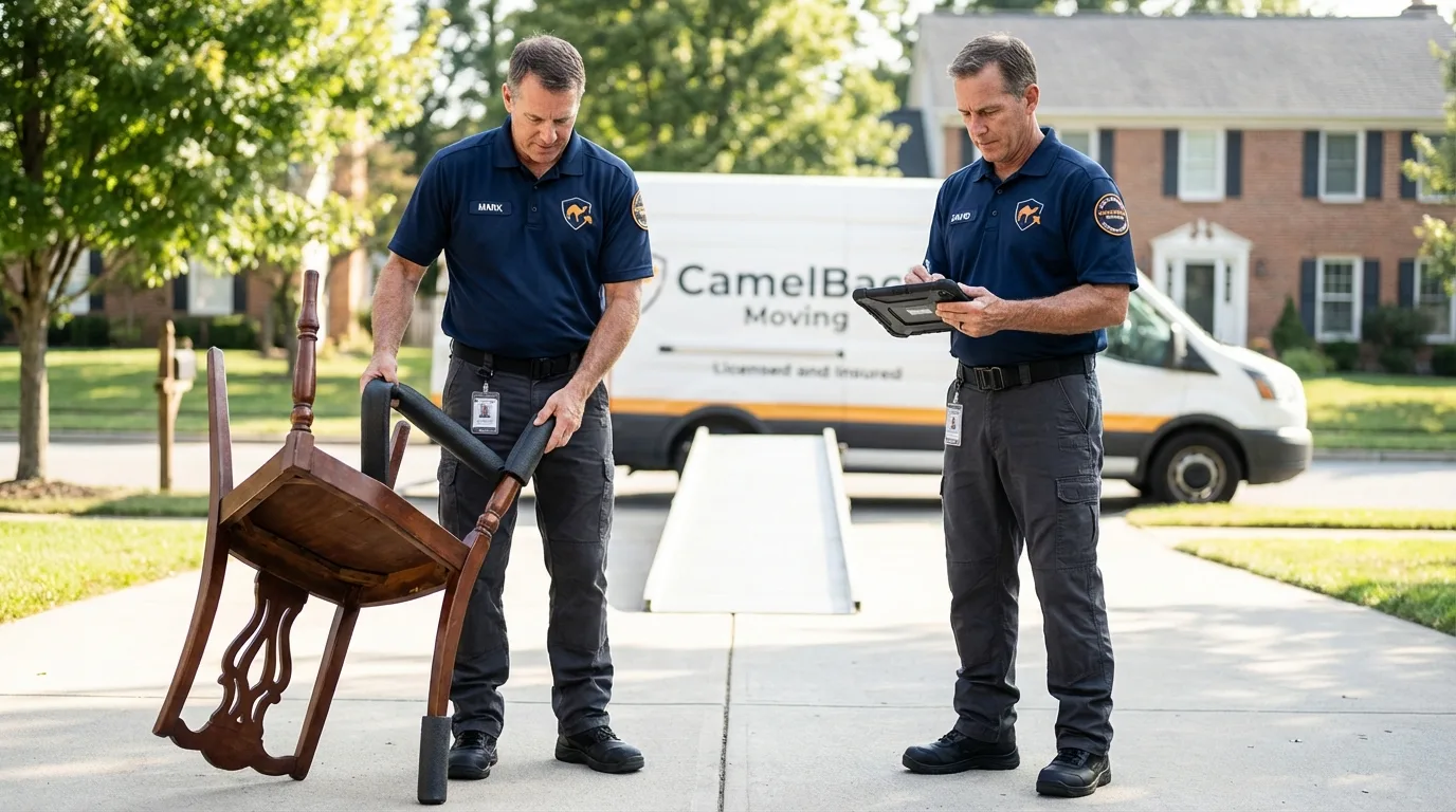 Movers inspecting furniture for damage prevention before loading in Taylorville, IL